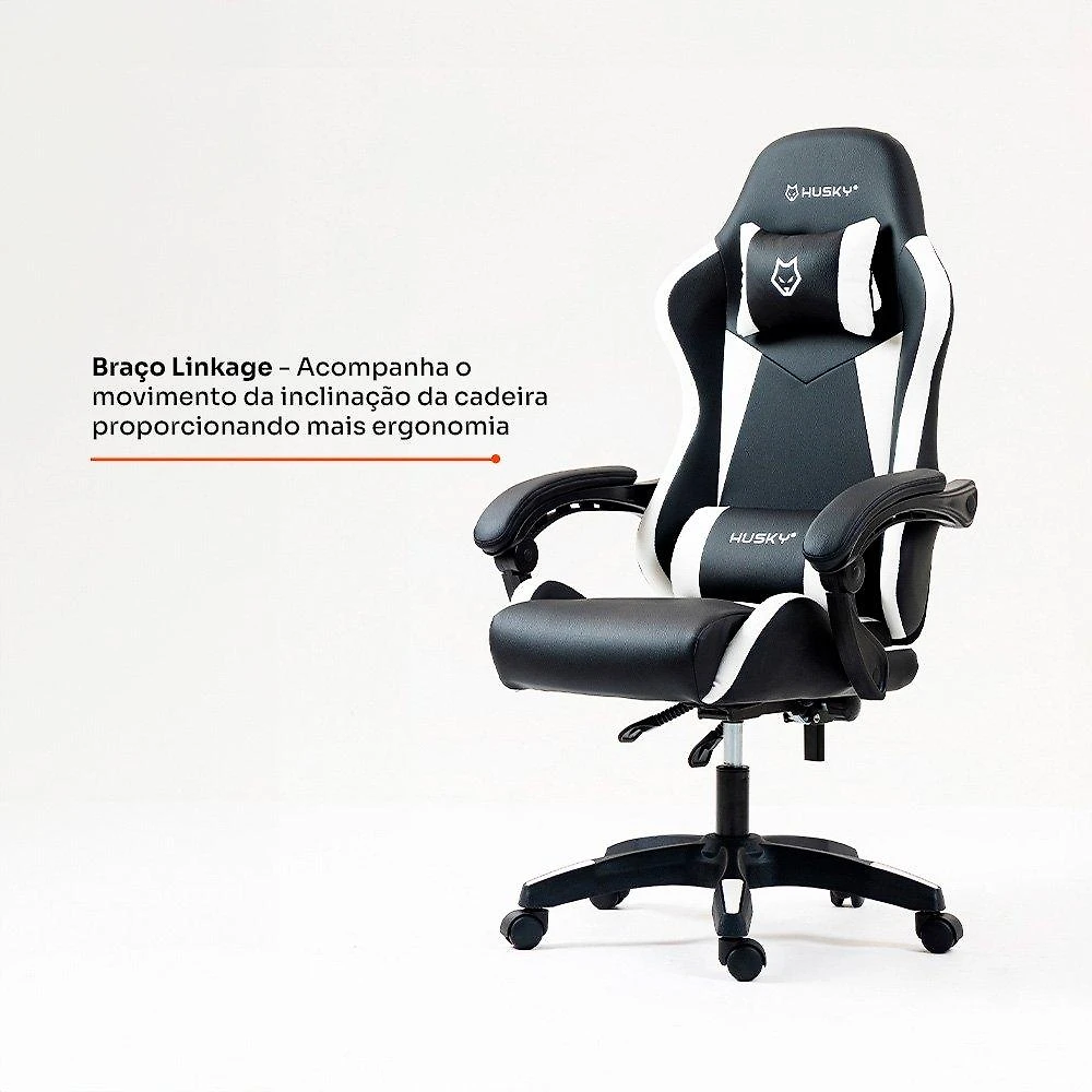 Miniatura Cadeira Gamer Husky Storm 100, Até 120kg, Almofadas, Reclinável 135º,  PU, Preta E Branca - HCG100PTBR