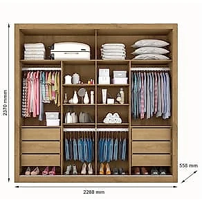 Guarda-Roupa Casal Mademarques Sevilha com 2 Portas, 6 Gavetas, 10 Prateleiras e Espelho - 228cm de largura Amendôa