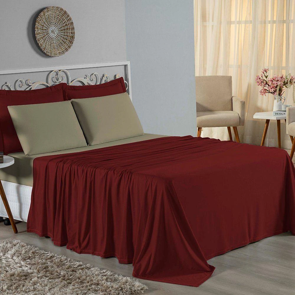 Jogo De Cama King Nobre 4 Peças Lençol Com Elástico De 30cm De Altura Malha 100% Algodão - Vinho / Avelã
