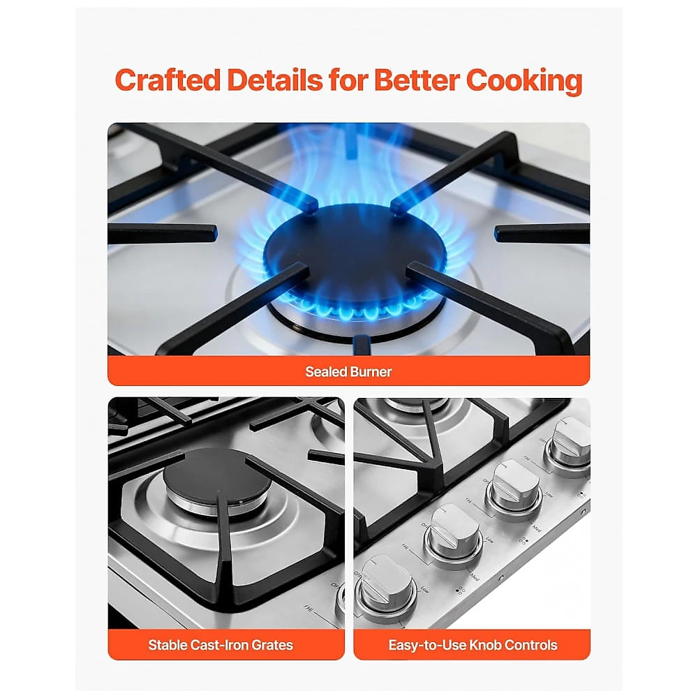 Fogão Cooktop a Gás 4 Queimadores VEVOR Inox Preto Conversível GN/GLP 48.000 BTU 110V Embutir 76cm