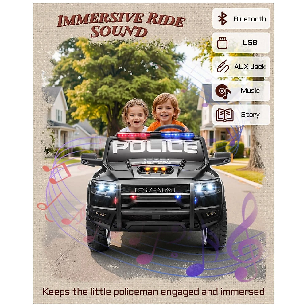 Carro Elétrico Infantil Polícia RAM 1500 24V Preto 2 Lugares com Controle Remoto, Sirene, Luzes Piscantes e Baú