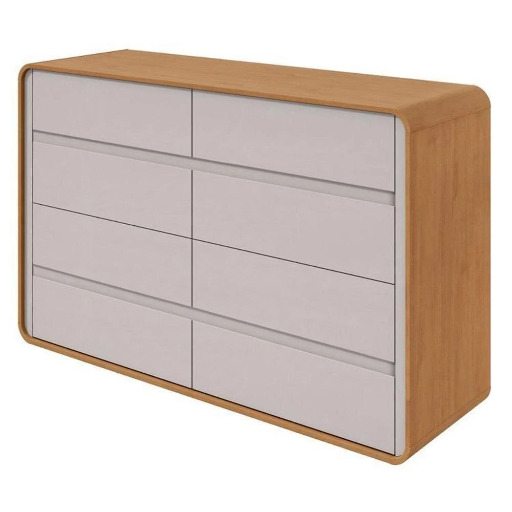 Quarto Completo Cama Solteiro com Cômoda 8 Gavetas e Mesa de Cabeceira Amêndoa Clean/Off White