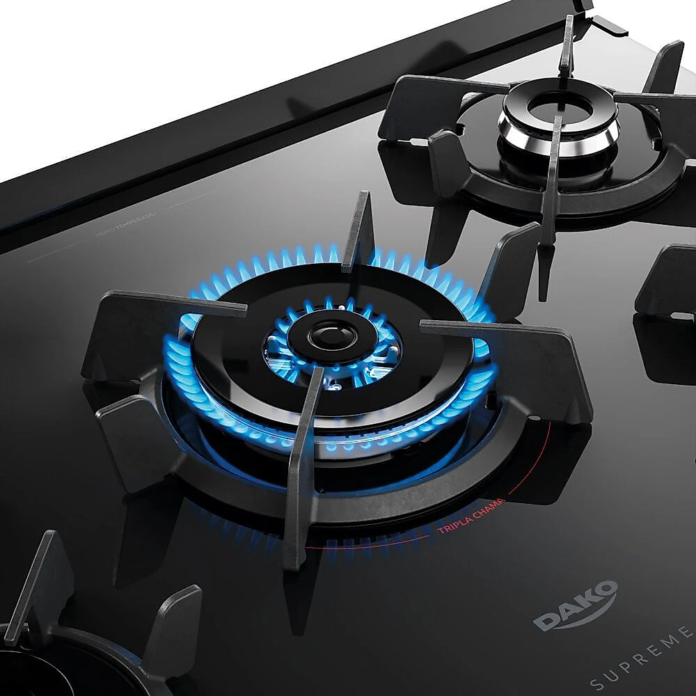 Fogão a Gás 5 Bocas Dako Novo Supreme Glass Mesa de Vidro Tripla Chama Preto - Bivolt
