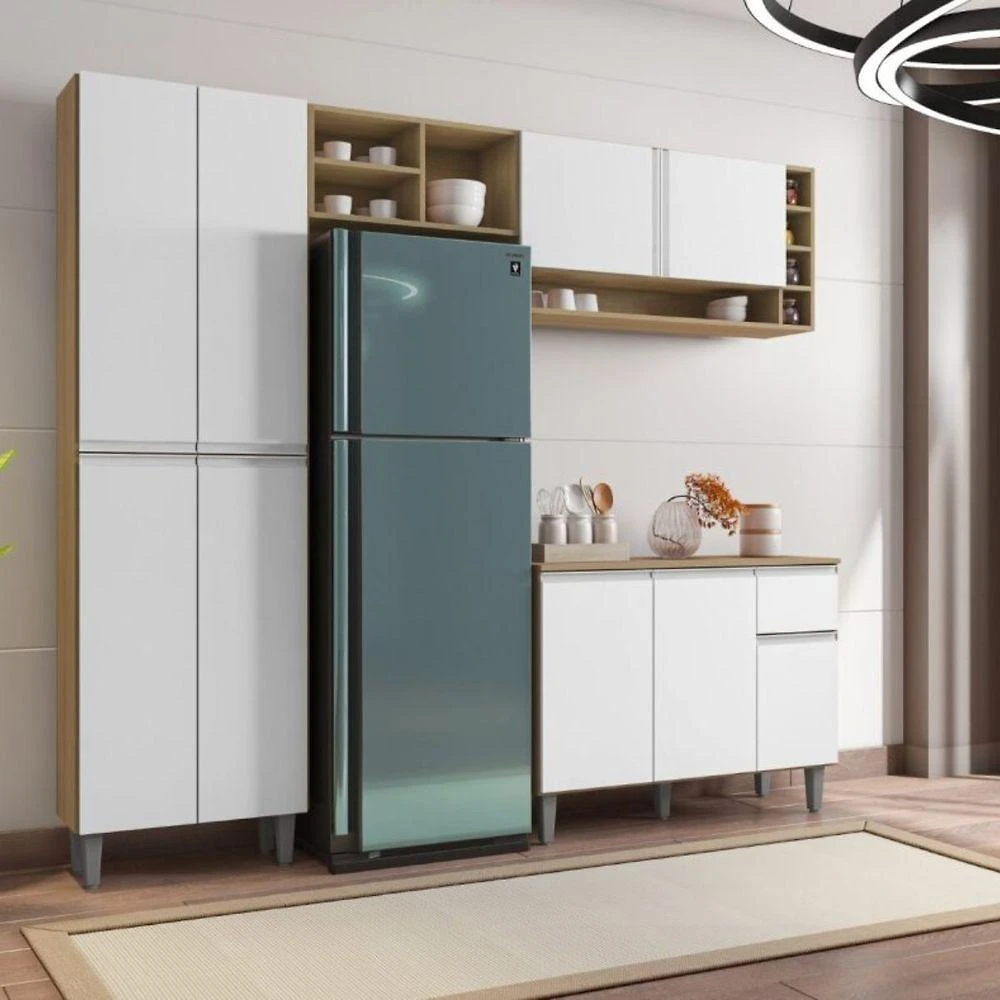 Cozinha Compacta Delina 9 Portas 1 Gaveta 230CM Amêndoa Branco AJL Móveis