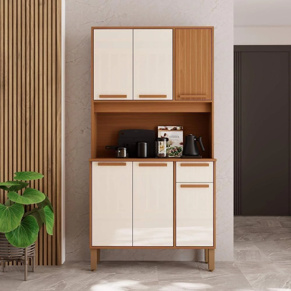 Cozinha Compacta Bari 6 Portas 1 Gaveta MDF-MDP 90CM Freijó e Off-White Fidelita Móveis