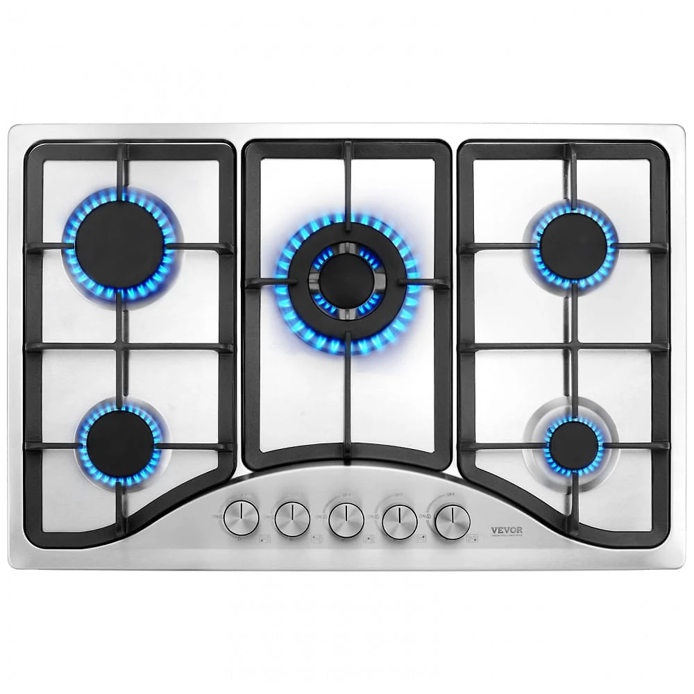 Cooktop a gás 5 bocas VEVOR inox escovado embutir conversível GN/GLP com5 Queimadores, Aço Inox, Segurança com Termopar, Alta Eficiência 110V