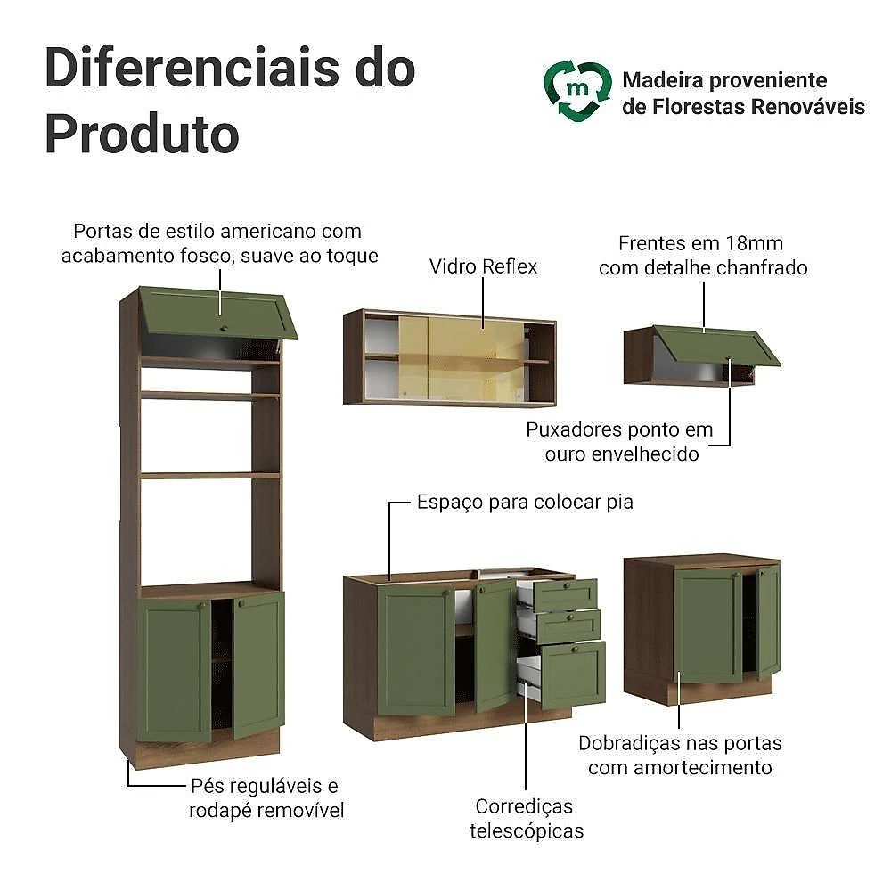 Armário De Cozinha Completa 270 Cm Rustic/verde Vik Madesa 02 Rustic/verde