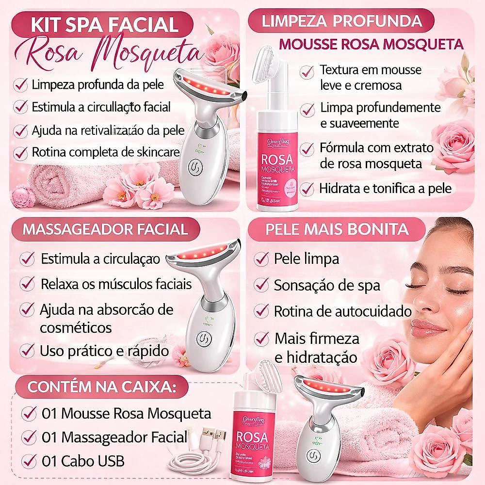 Kit Spa Facial Mousse Limpeza Rosa Mosqueta + Massageador Facial