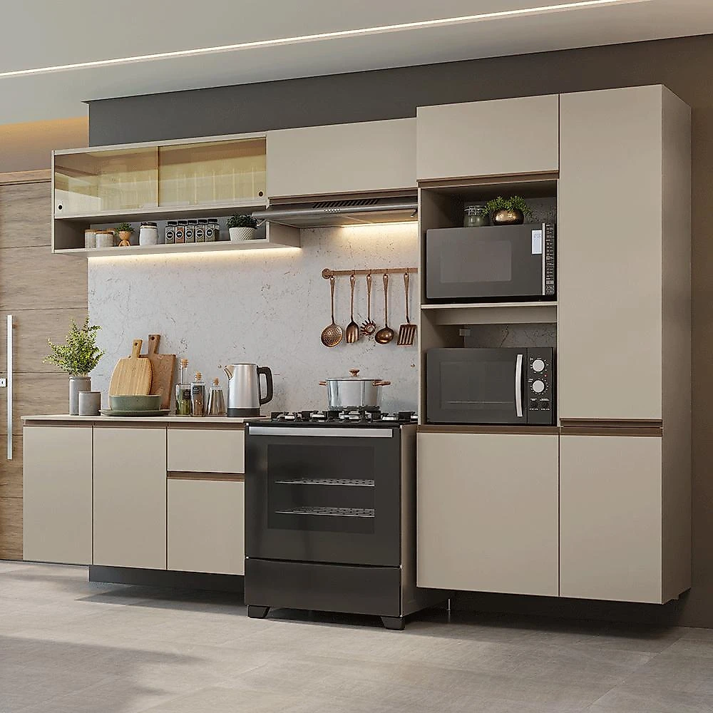 Armário de cozinha completa 300 cm suspenso crema nice madesa 07
