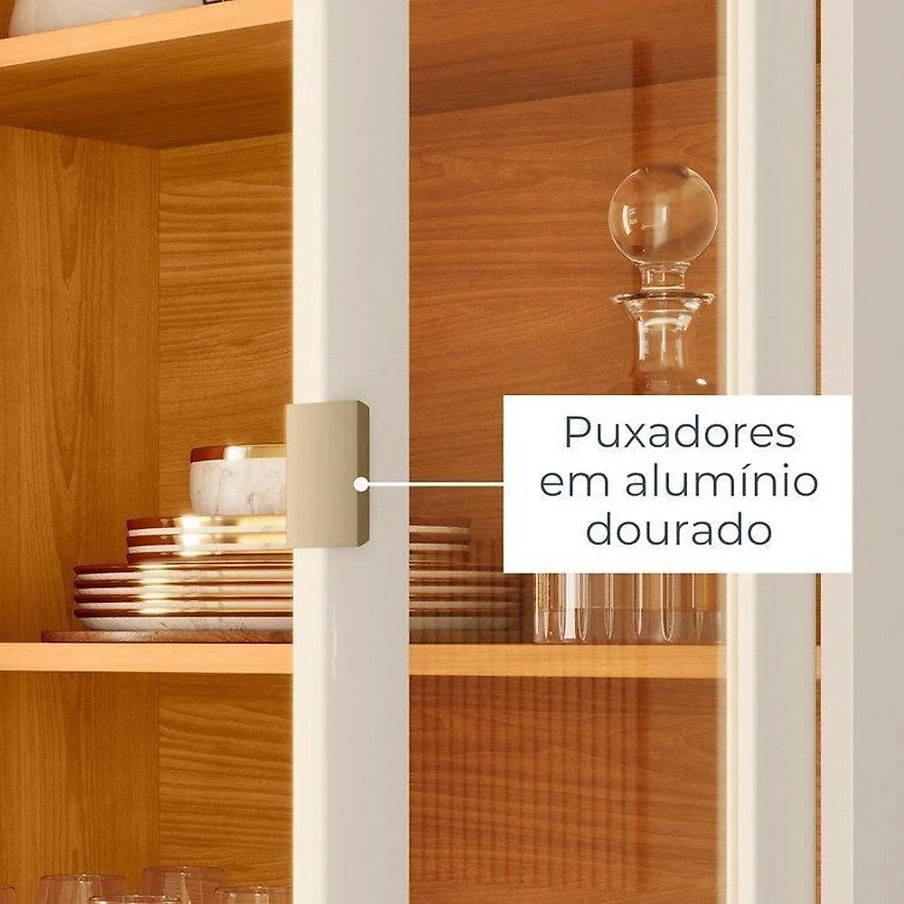 Conjunto Cristaleira Brisa e Buffet Aparador Balcão Cais Bandeja Integrada para Sala de Jantar Cinamomo/Off White