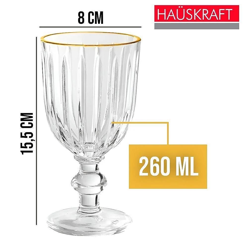 Taça para Água Melina Premium Vidro Borda Dourada 260ML Transparente Hauskraft