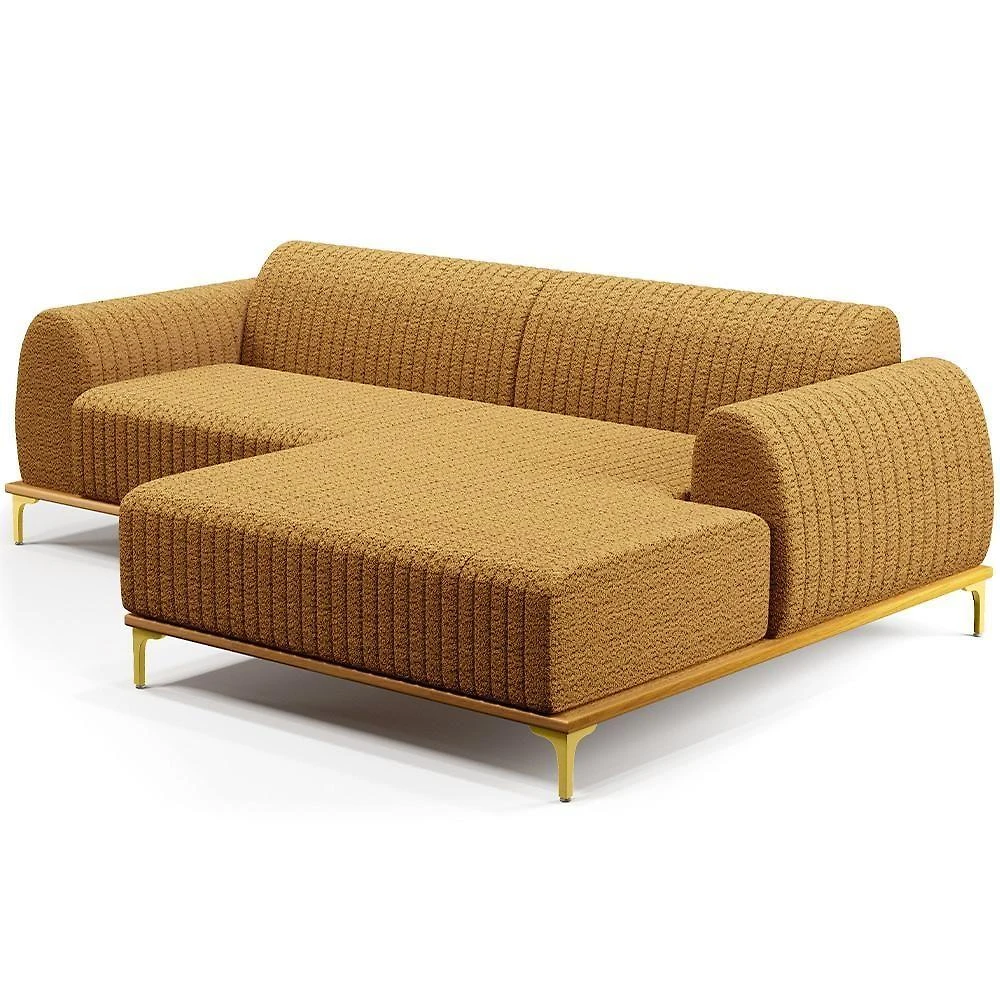 Sofá 5 Lugares Chaise Direito Sala Molino 300cm D02 Pés D\'ouro Prime Bouclê Mostarda Pb-03