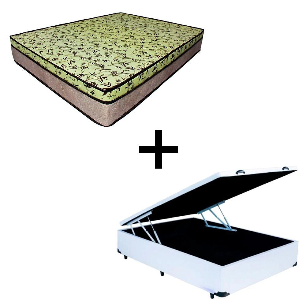 Cama Baú Casal 138 Tecido Sintético Branco Com Colchão De Espuma Tokio D33 Bege - 25x138x188cm