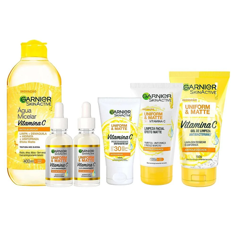 Garnier rotina completa kit - creme de limpeza + Água micelar + 2 séruns faciais + protetor solar + gel de limpeza