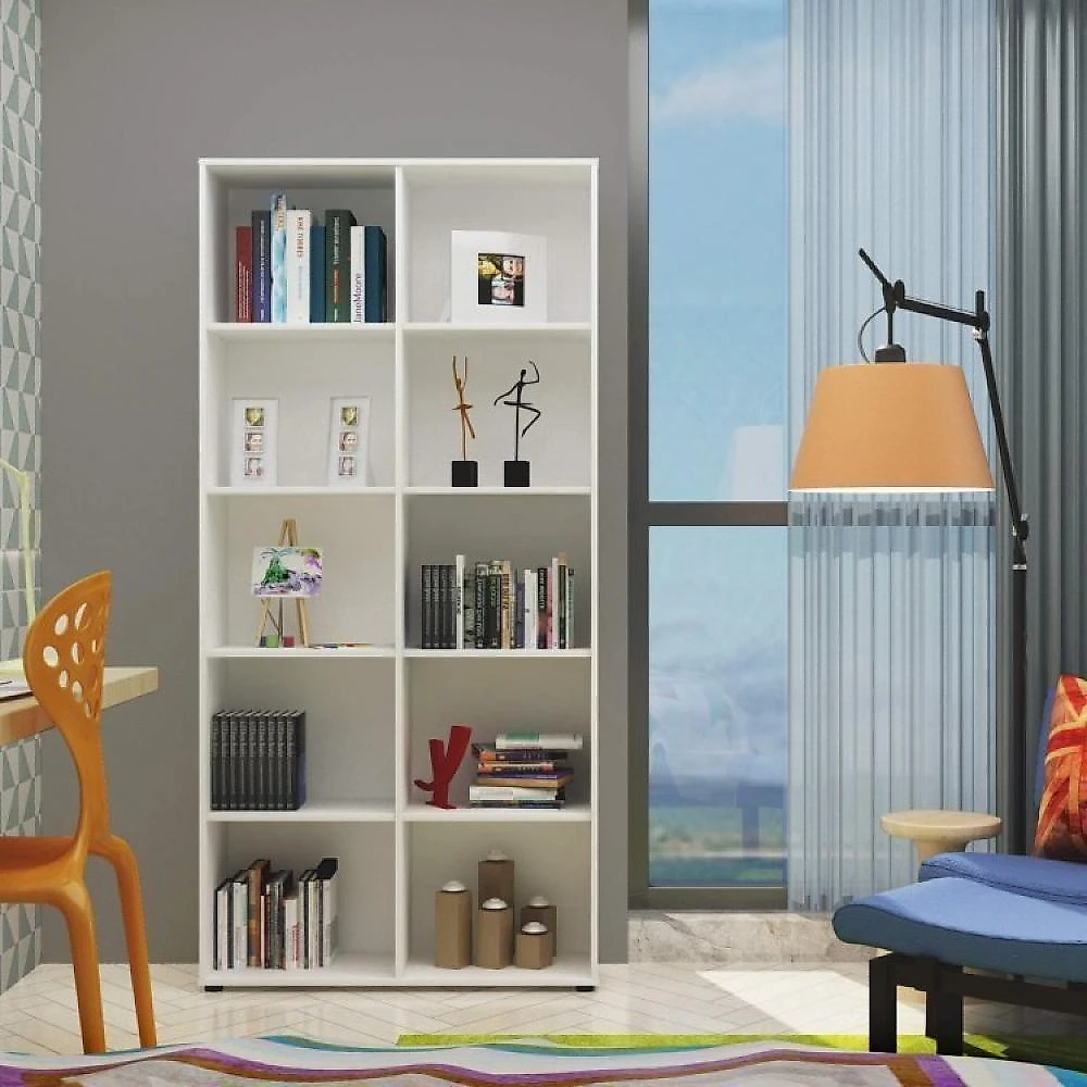 Kit 2 Peças com Escrivaninha em L Cubos e Estante Livreiro Conjunto para Escritório e Home Office com Mesa em L com Nichos e Estante com Nichos Branco