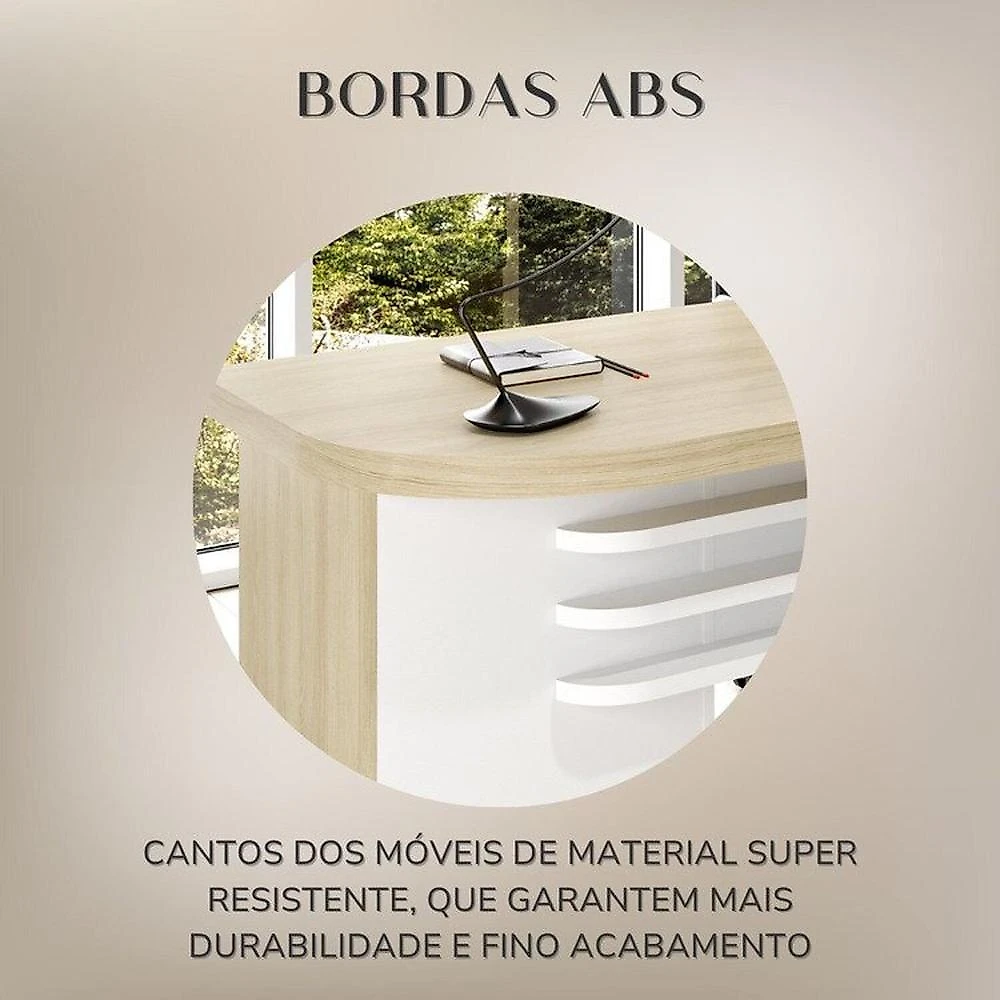 Conjunto Mesa Escritório Tamburato com Gavetas Lado Direito e Mesa de Apoio Carvalho / Branco