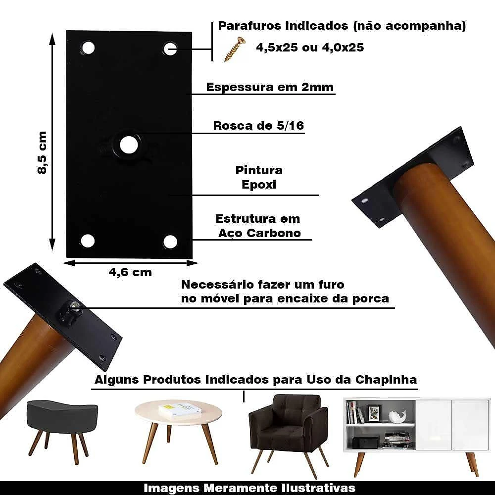 Kit 8 Chapinhas Reta Fixação Pés Palito Rosca 5/16 Preto
