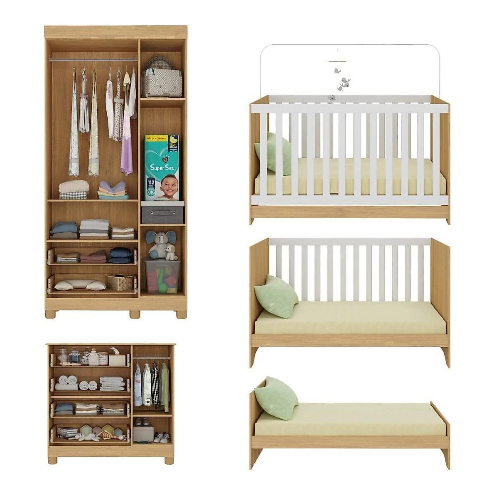 Quarto De Bebê Completo Berço Americano 3 Em 1 Colchão Allegra Multimóveis MP4606 Madeirado
