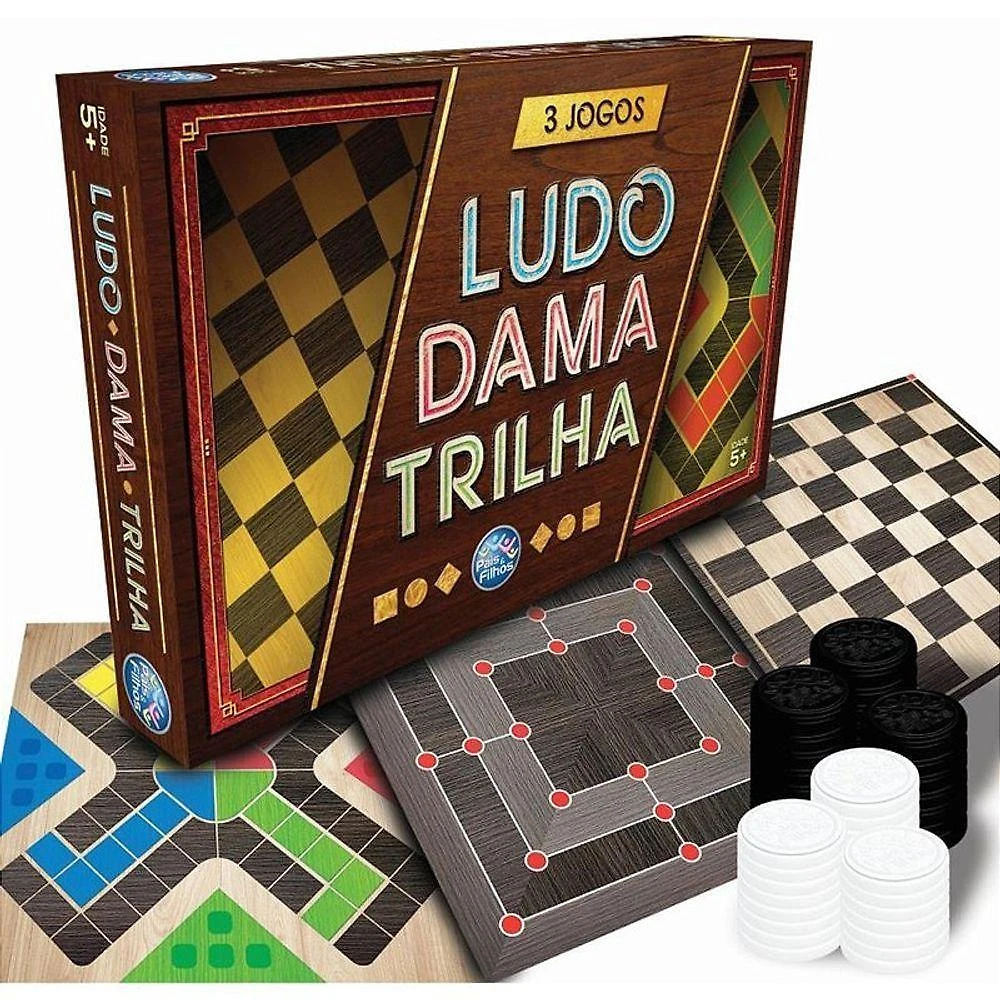Jogo de Tabuleiro 3 em 1 Ludo Dama Trilha com Peões e Peças Pais & Filhos
