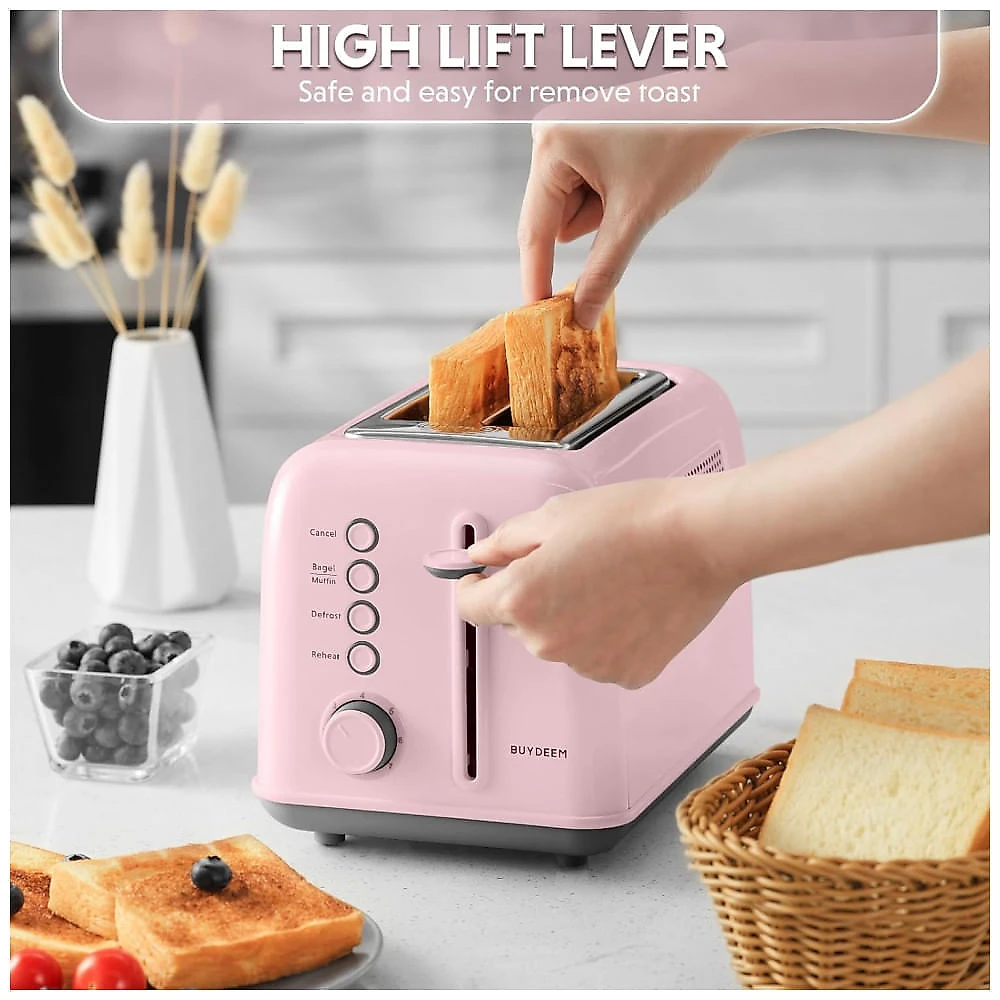 Torradeira BUYDEEM DT620 Rosa 2 Fatias com Fendas Largas, Função Bagel e Muffin, Bandeja de Migalhas Removível e 7 Níveis de Tostagem, 110V
