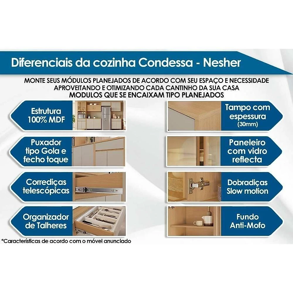 Cozinha Modulada Nesher Condessa Condessa 6 Peças (3aéreos+2balcões+1paneleiro) C6p93 Carvalho-cinza - Nesher