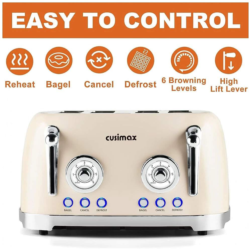 Torradeira Elétrica Retrô 4 Fatias em Aço Inoxidável com 6 Configurações e Painel de Controle Duplo Independentes, 110V ...