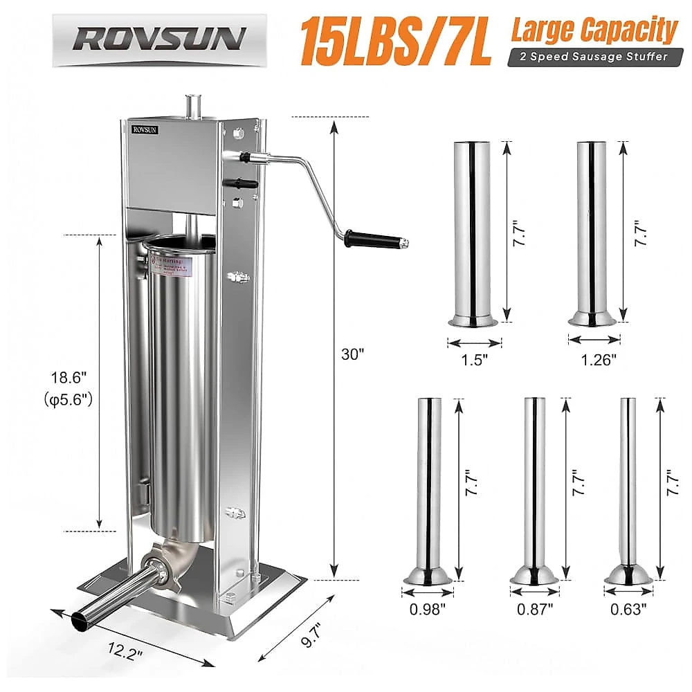 Máquina de Encher Linguiça ROVSUN 15LBS7L Manual, Dois Velocidades de Aço Inoxidável, Ideal para Uso Comercial e Doméstico