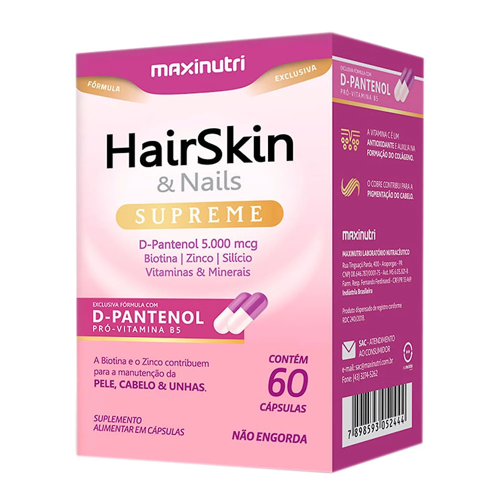 HairSkin e Nails Supreme com D-pantenol Maxinutri 60 Cápsulas