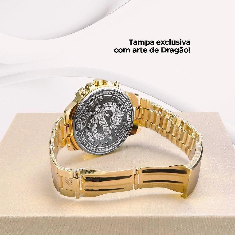 Relogio Masculino Original Aço Inox Dourado Grande + Caixa