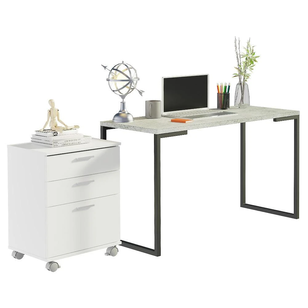 Conjunto escritório home office com mesa industrial + gaveteiro branco/cinza madesa