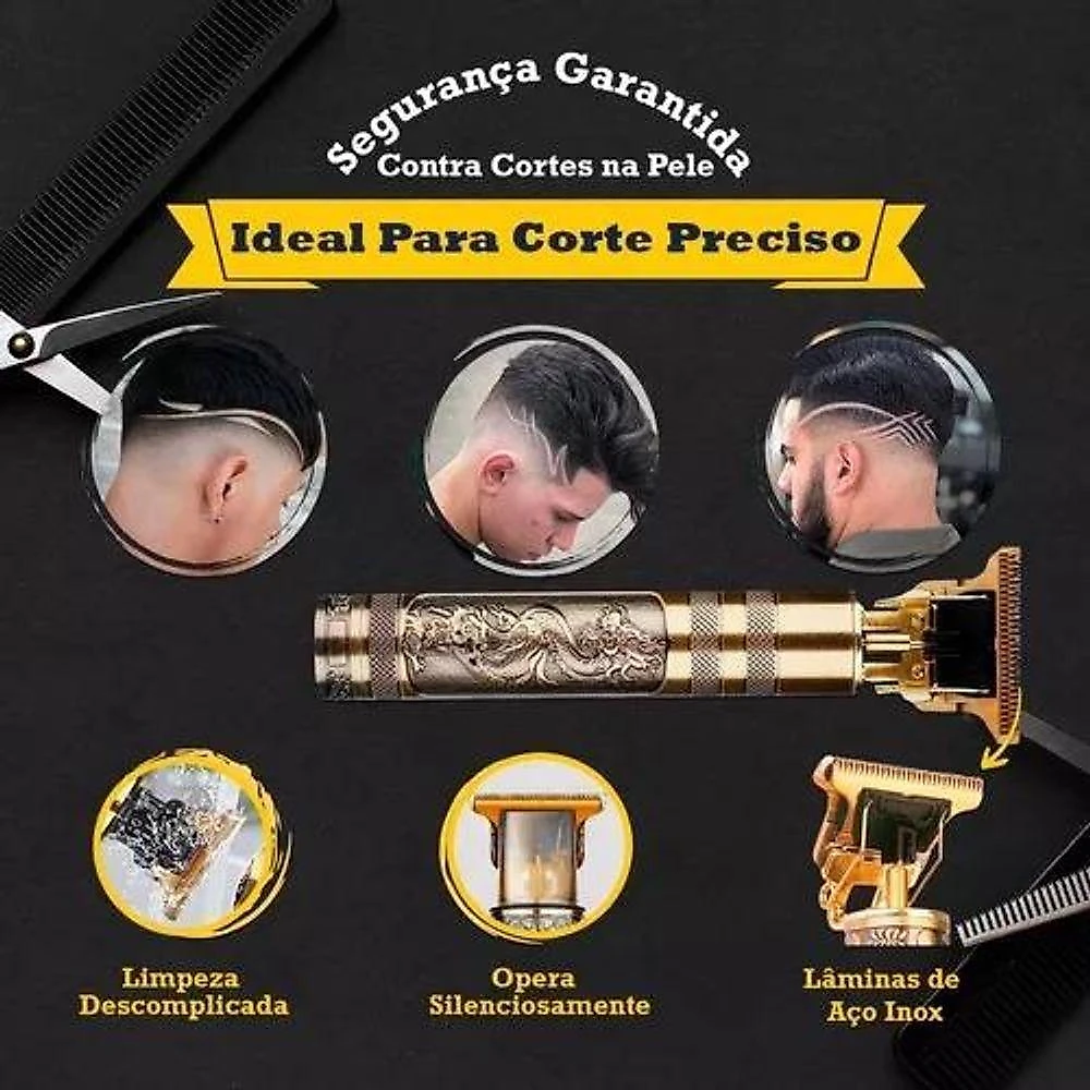 Aparador de Pelos Aquilae Buda-dragão Barba e Cabelo Lâmina Titânio sem Fio Preto Bivolt