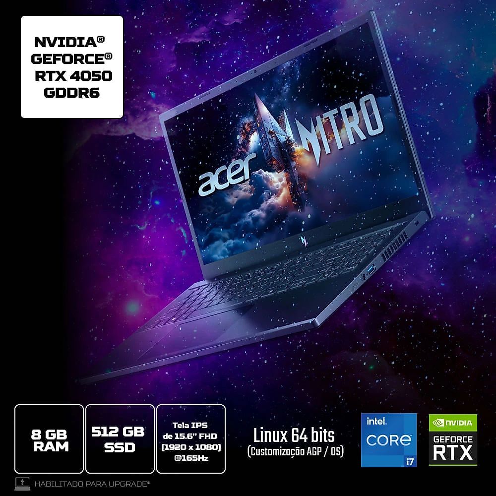 Notebook Gamer Acer Nitro V15 ANV15-52-778T Intel® Core™ i7-13620H de 13ªG 8GB RAM 512GB SSD RTX4050 15.6” Linux