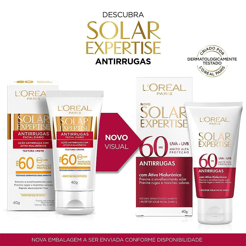 Protetor solar facial l'oréal paris solar expertise antirrugas fps 60 40g