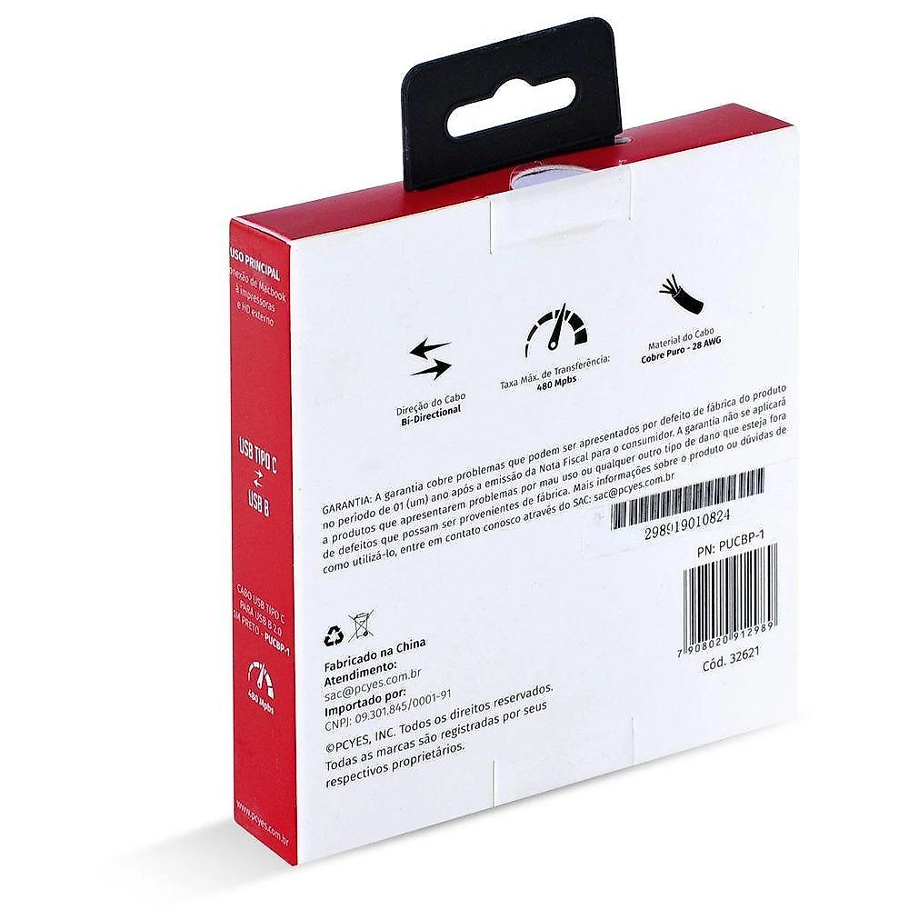 Cabo Usb Tipo C Para Usb B 2.0 1m Preto - Pucbp-1