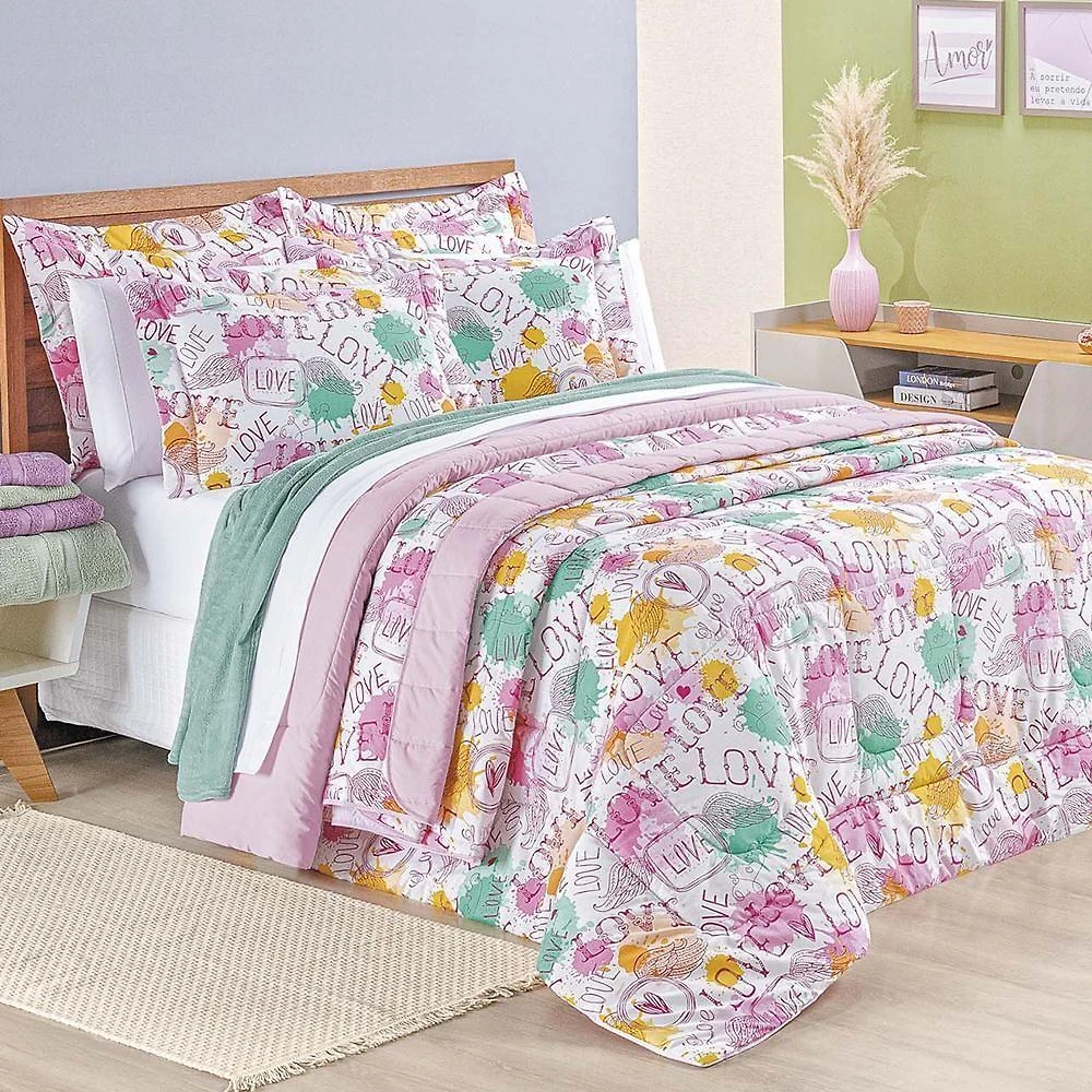 Edredom Casal Padrão Amore Estampado 200 Fios 100% Algodão 3 Peças