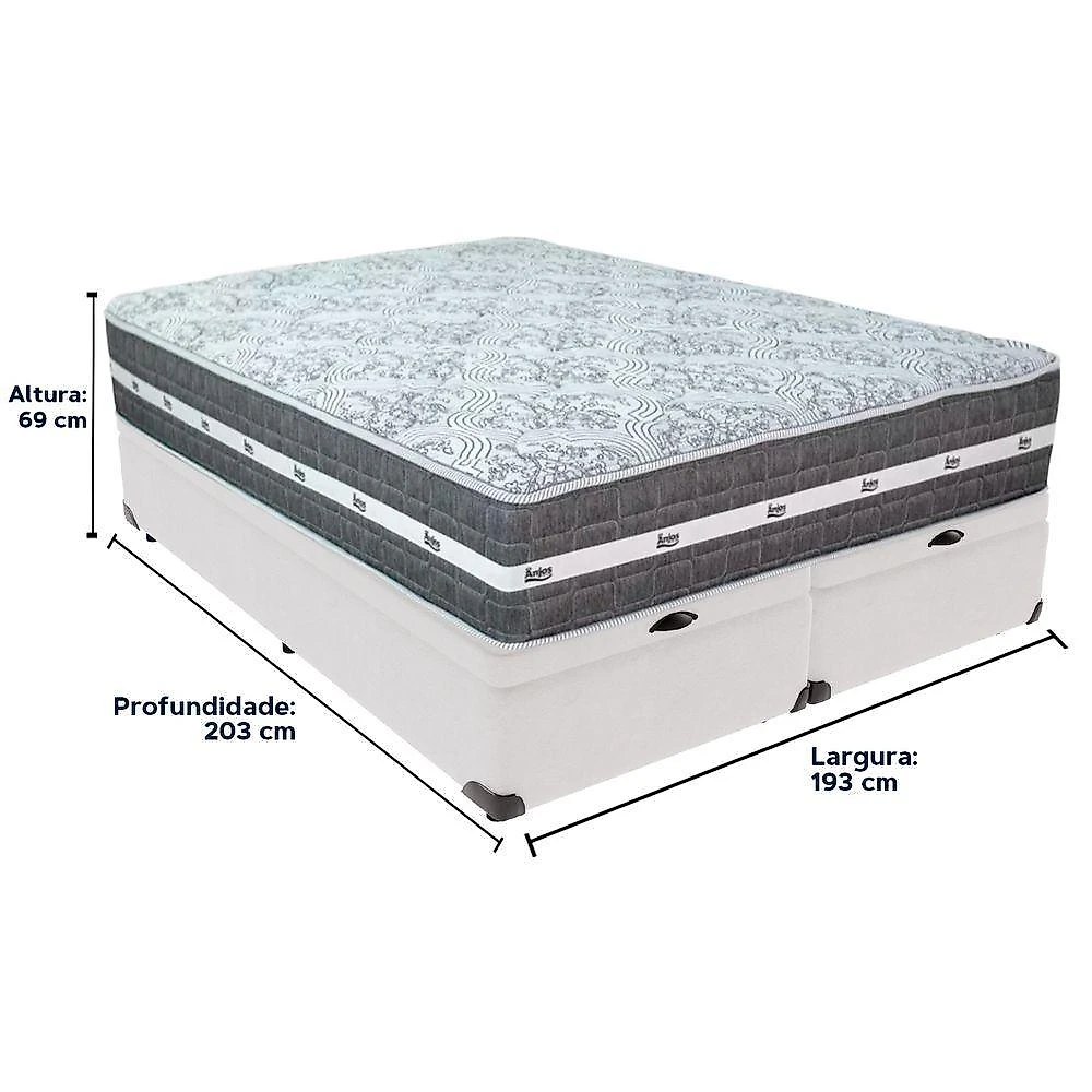 Cama Box Baú Branco E Colchão Black Graphite Molas Ensacadas King 193x203x32 Anjos