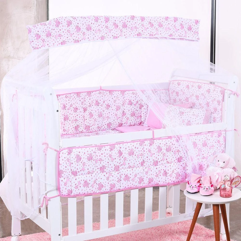Kit Berço 8 Peças Baby Elefantinho Rosa Malha 100% Algodão Antialérgico Bene Casa