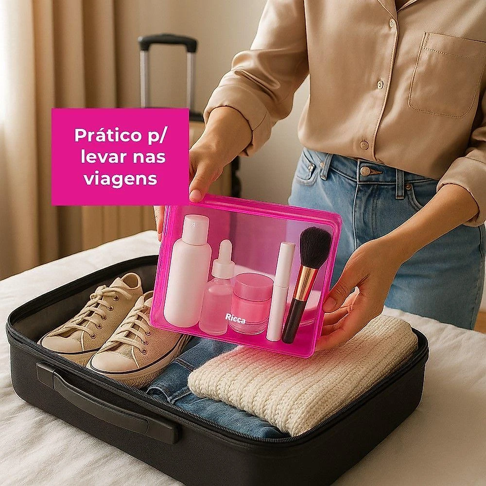 Necessaire Ricca Média Plástico 17x22x8cm Rosa Neon Feminino