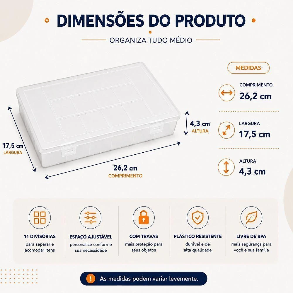 Caixa Organizadora 11 Divisórias Plástico Transparente com Travas para Multiuso