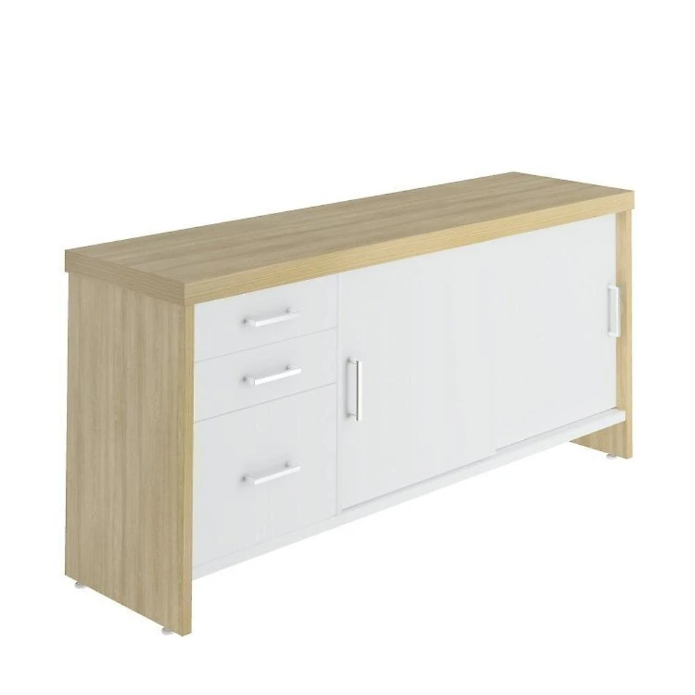 Kit 4 Peças com Mesa para Escritório Diretor em L, Armário Multiuso Alto, Armário Baixo e Balcão com Conjunto Mesa Tamburato 1400 Mesa de Apoio Balcão 2 portas Balcão com Gavetas e Armário com nicho Carvalho/Branco