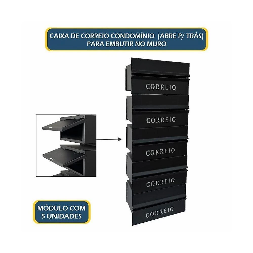 Caixa de Correio Condomínio Detrás para Muro 005POM com Abertura Traseira 05 Módulos Preto Ouro