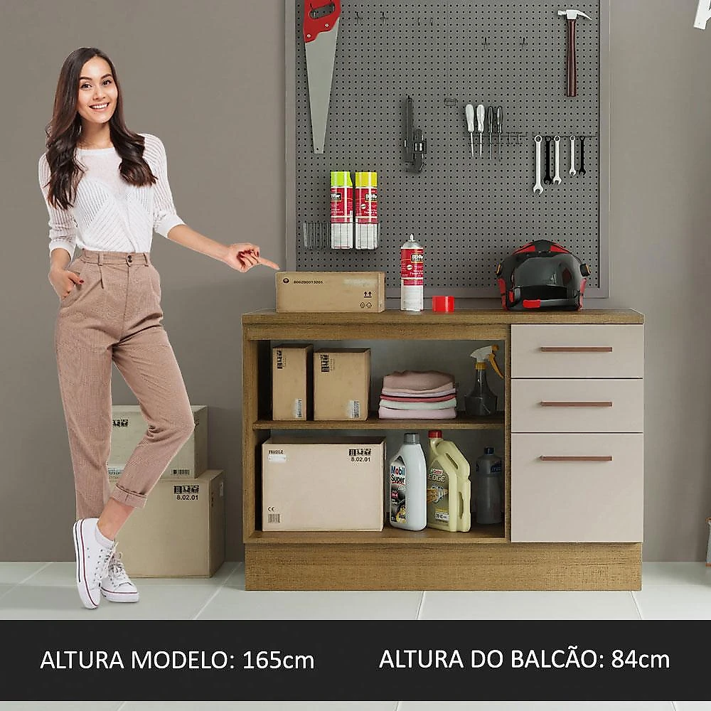 Balcão Multiuso 120cm 2 Portas 3 Gavetas Rustic/Crema Agata Madesa Rustic/Crema