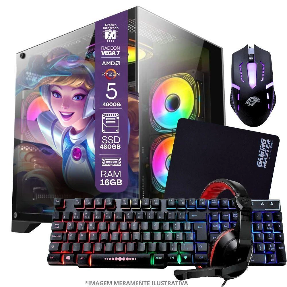 Miniatura Pc Gamer Amd Ryzen 5 4600g, 16gb Ram, Placa De Video Radeon Vega 7, Ssd 480gb, Fonte 550w + Kit Gamer Completo