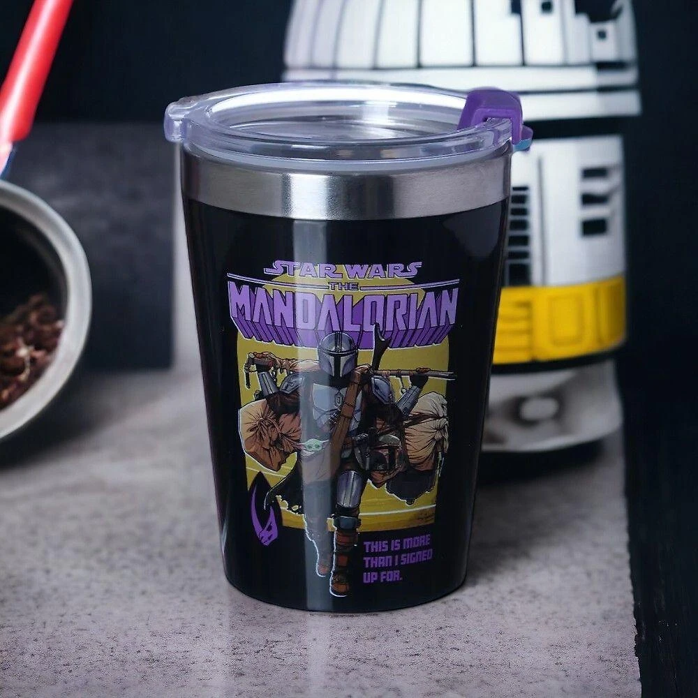 Copo de Viagem The Mandalorian em Aço Inoxidável com Tampa Pressão e Silicone para Uso Portátil Star
