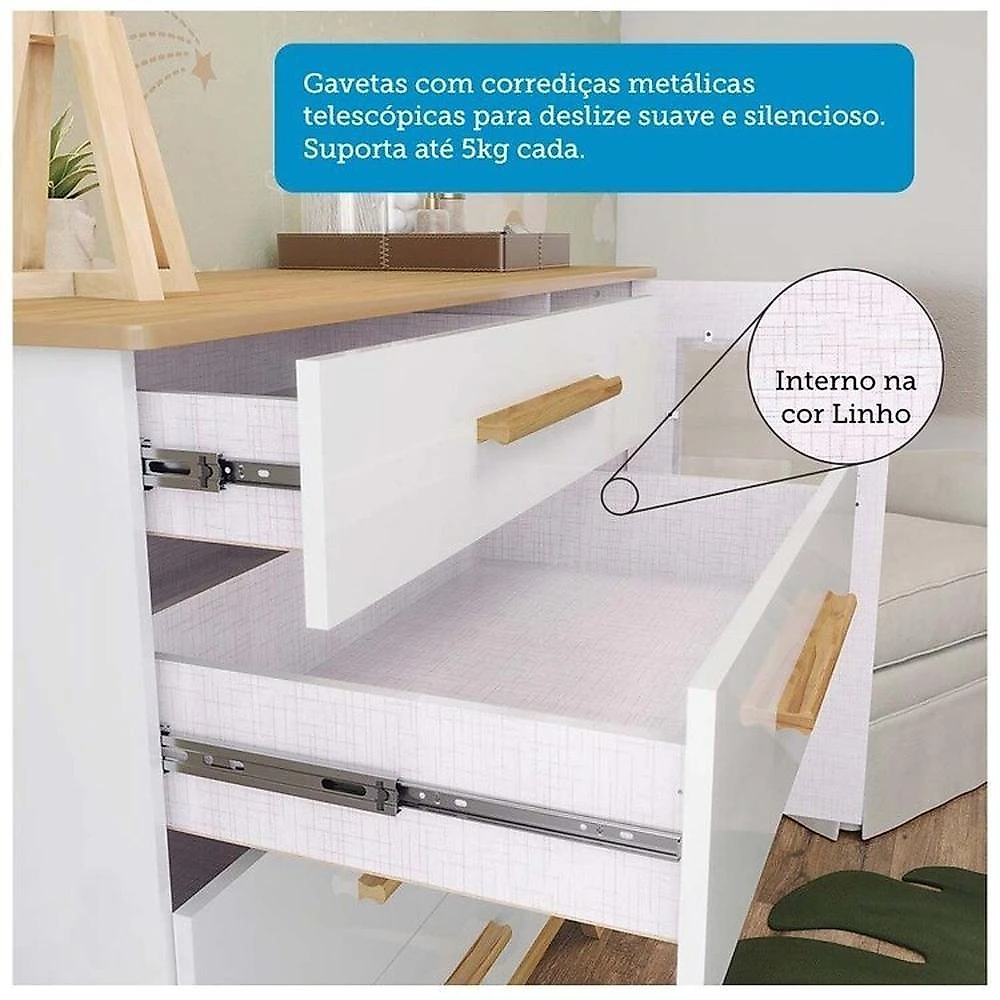 Quarto de Bebê com Berço Guarda-roupa e Cômoda com Janelas 100% Mdf Retrô Kakau Espresso Móveis Branco Brilho/Amêndoa