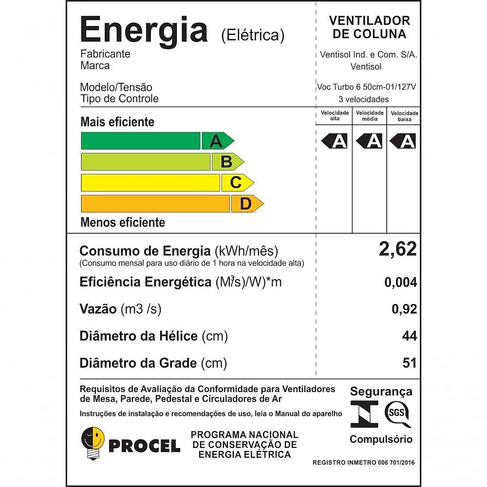 Ventilador de Coluna Ventisol Turbo 6P Premium 50cm Preto com Oscilação 110V