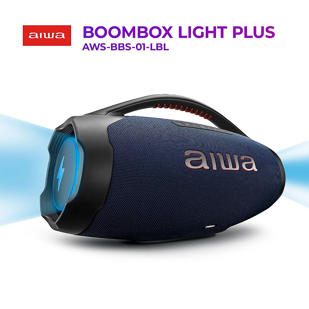 Miniatura Caixa de Som Boombox Plus AIWA BBS-01-LBL 200W BT 30H IP66 USB RGB BOOMBOX C/ LUZES AWS-BBS-01-LBL BIVOLT