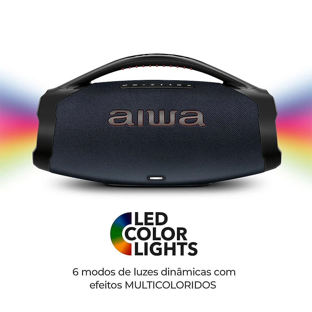 Caixa de Som Boombox Plus AIWA BBS-01-LBL 200W BT 30H IP66 USB RGB BOOMBOX C/ LUZES AWS-BBS-01-LBL BIVOLT