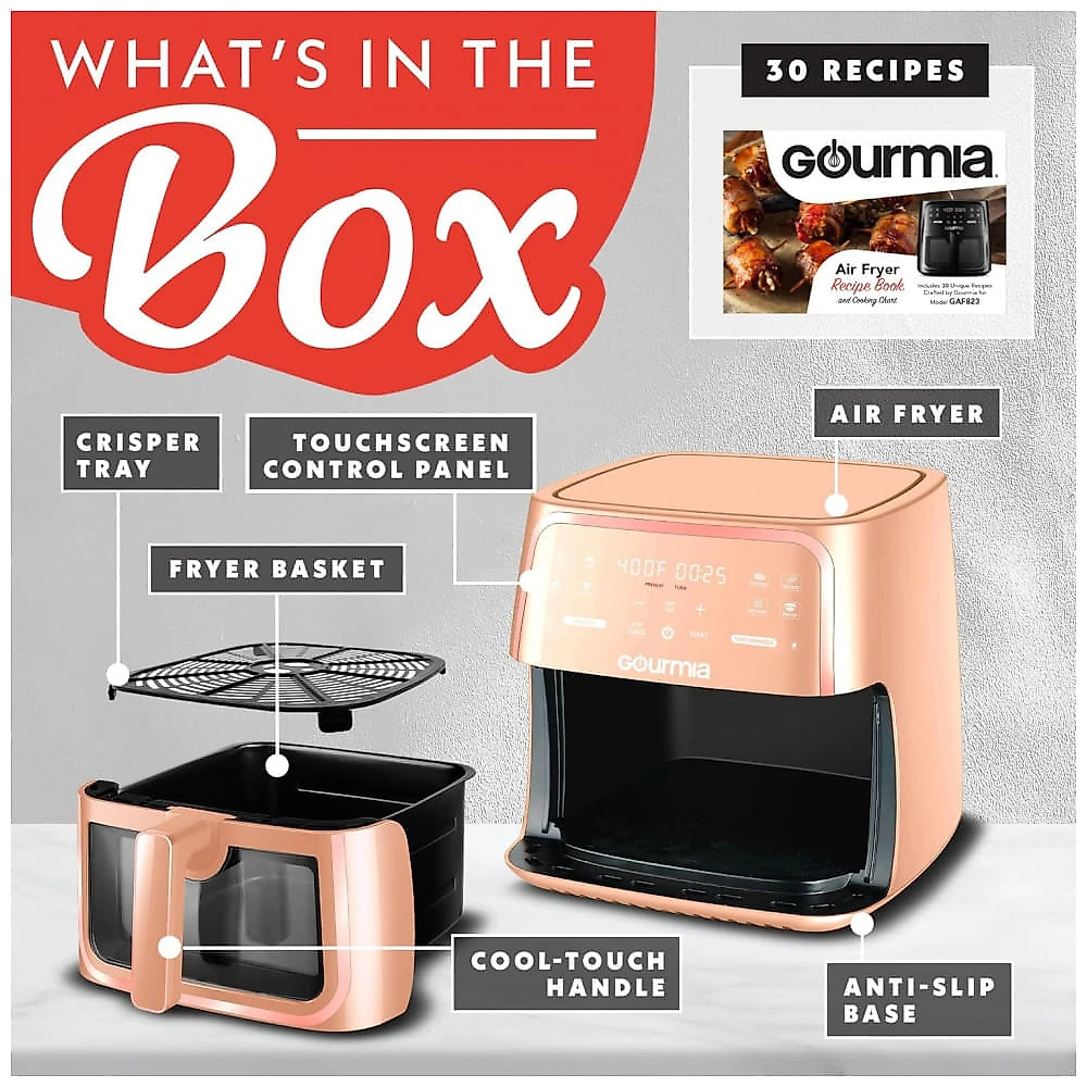 Fritadeira Elétrica Air Fryer Gourmia Pêssego 7,6L Janela com Luz 8 Programas FryForce 360 1700W 110V