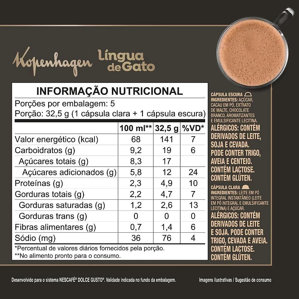 Cápsulas de Bebida Chococcino Língua de Gato Kopenhagen Nescafé Dolce Gusto 10 Unidades